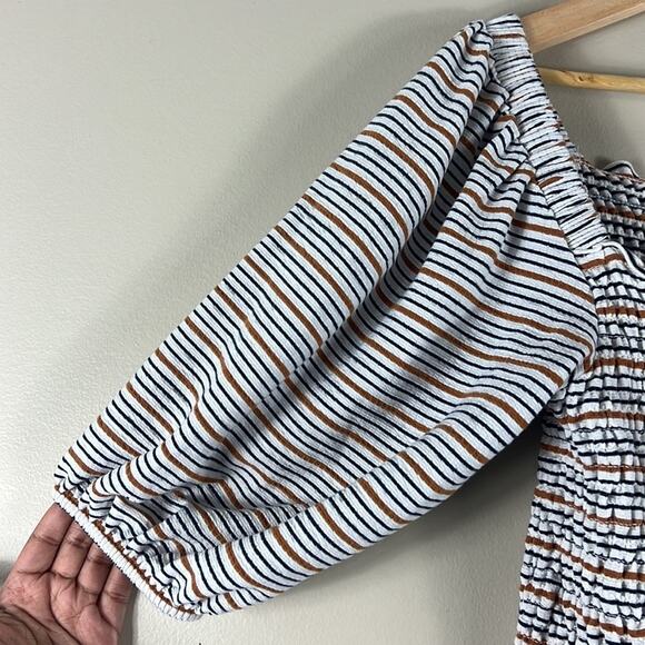Loft Striped White and Brown Smocked Drape 3/4 Sleeve Cottagecore Blouse - Picture 4 of 7